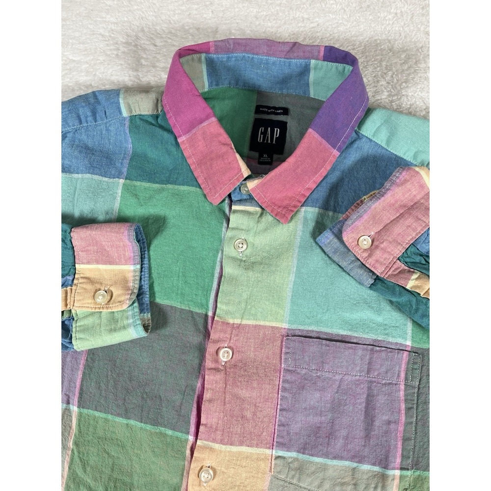 GAP Linen Blend Pastel Colorful Rainbow Plaid Button Up Shirt Men's XL‎ Spring